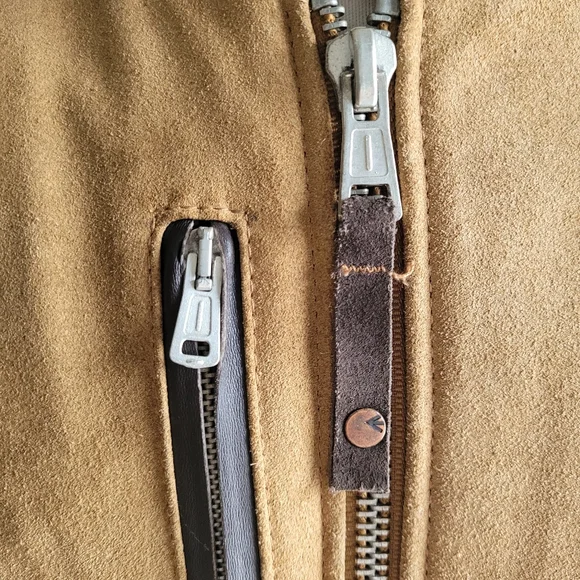 Vintage 90s MISS SIXTY Racer Moto Aviatior Suede Tan Jacket Brown Stripes M/L - Picture 7 of 15